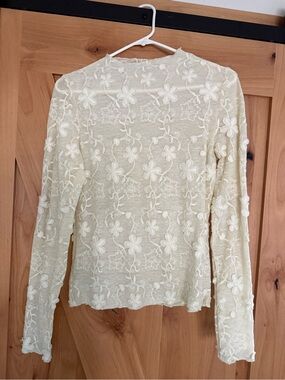 Women’s Cream Embroidered Floral Long-Sleeve Top, Sheer Crochet Mockneck, S, NEW